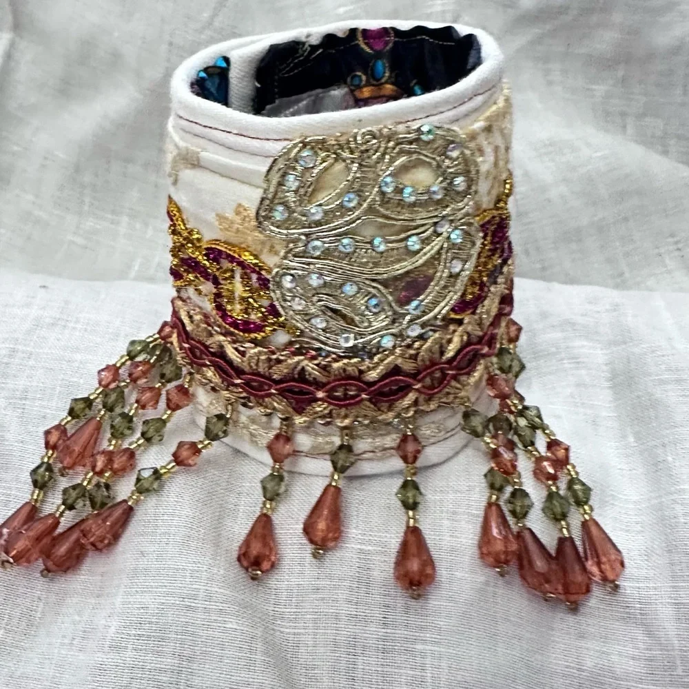 RUBYRUDI Cuff Bracelet Handcrafted OOAK Fabric Embellished Artisan Wearable Art